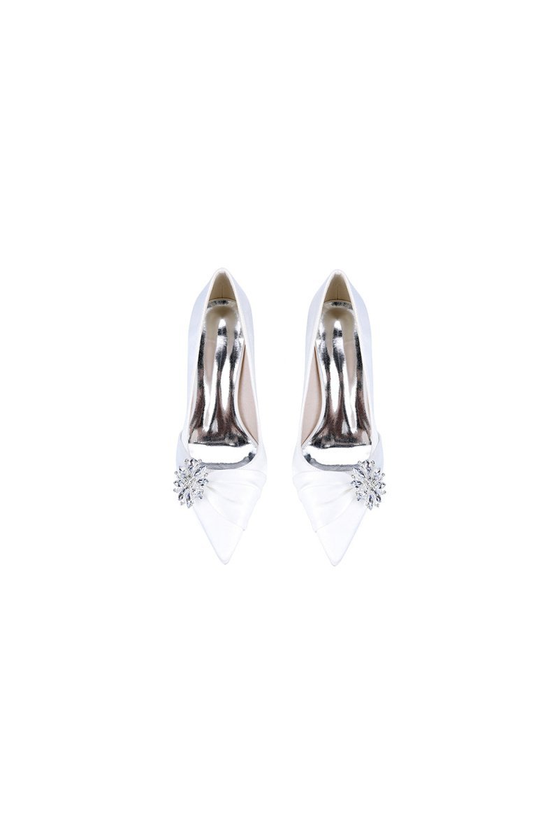Black Satin High Heels with a Crystal Flower Accent