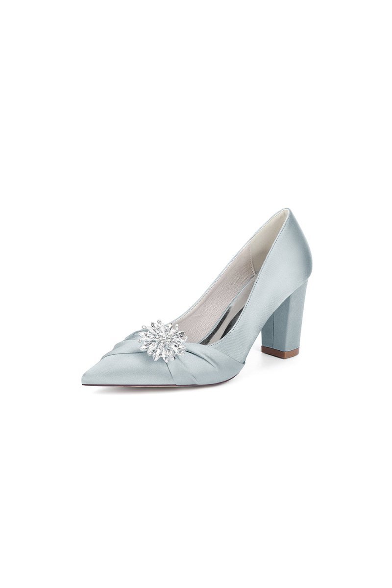 Black Satin High Heels with a Crystal Flower Accent - BOLODOO