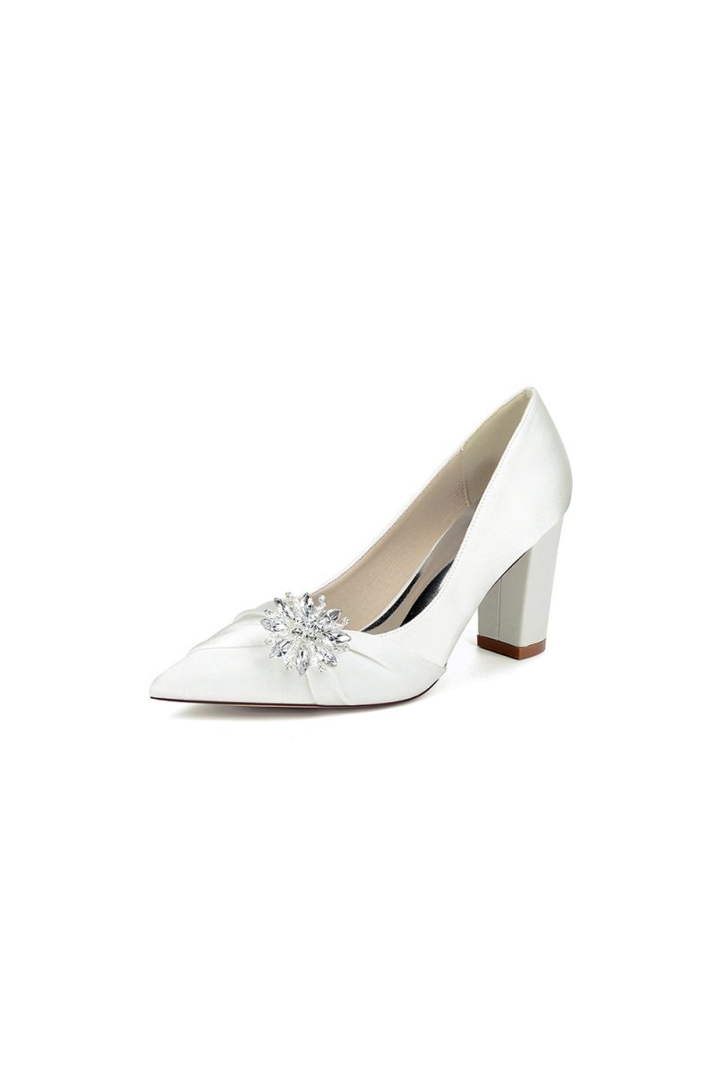 Black Satin High Heels with a Crystal Flower Accent - BOLODOO