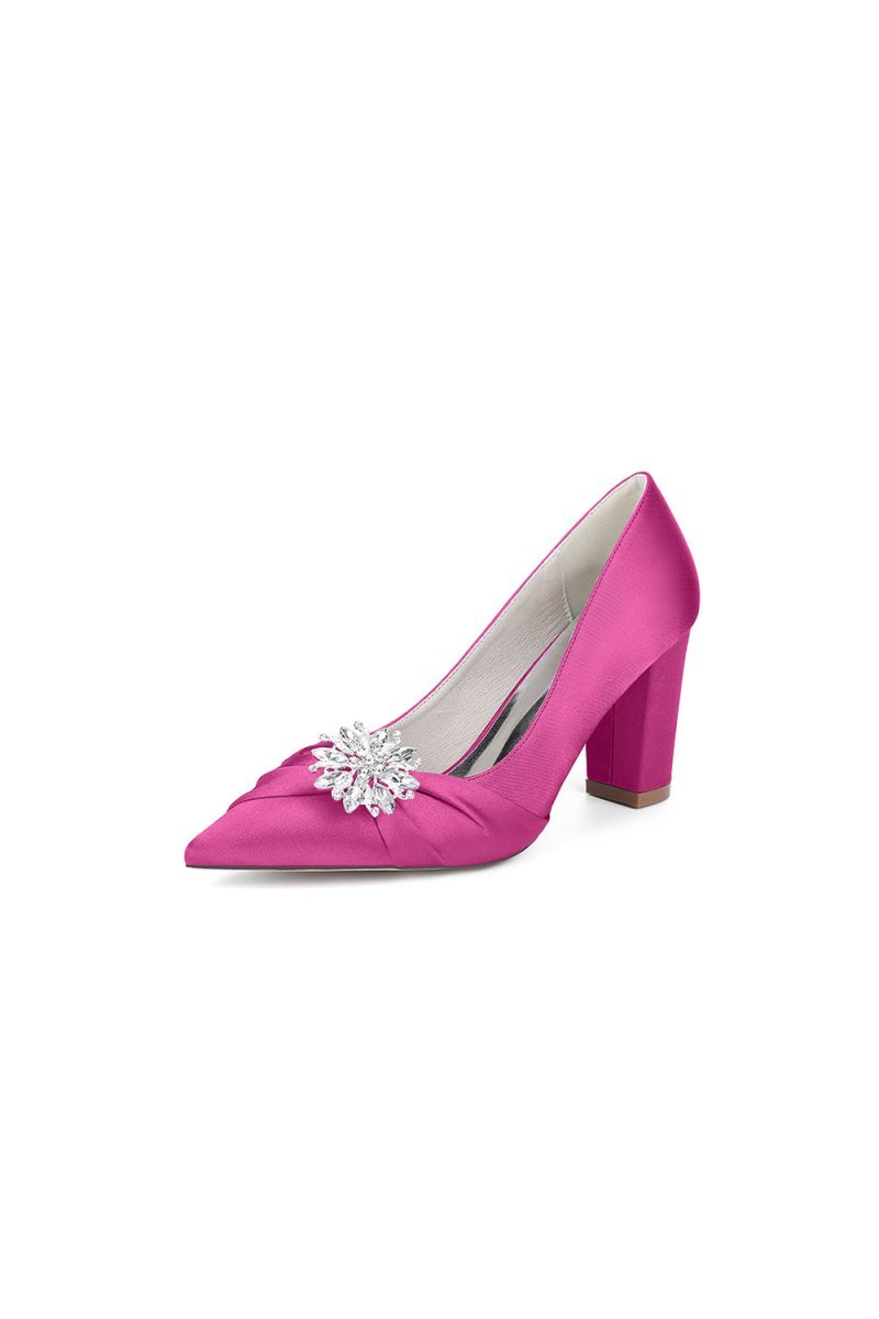 Black Satin High Heels with a Crystal Flower Accent - BOLODOO