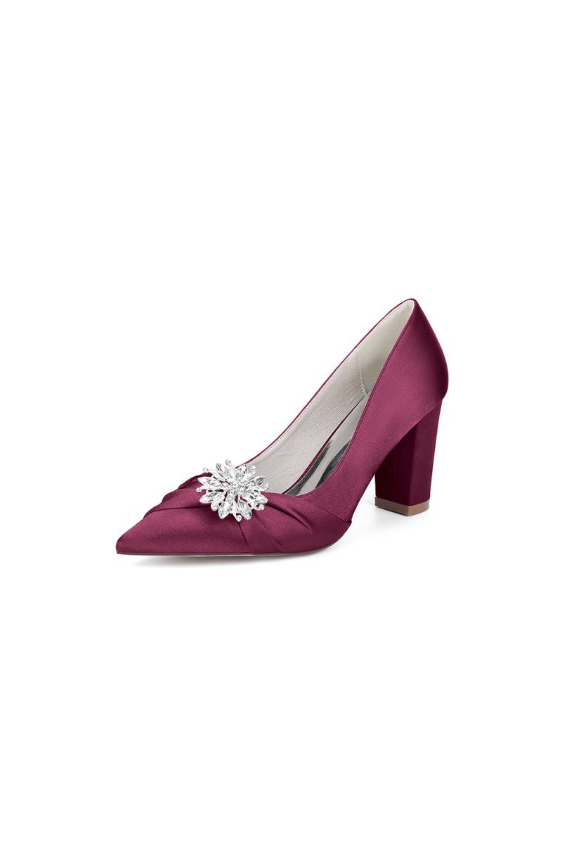 Black Satin High Heels with a Crystal Flower Accent - BOLODOO