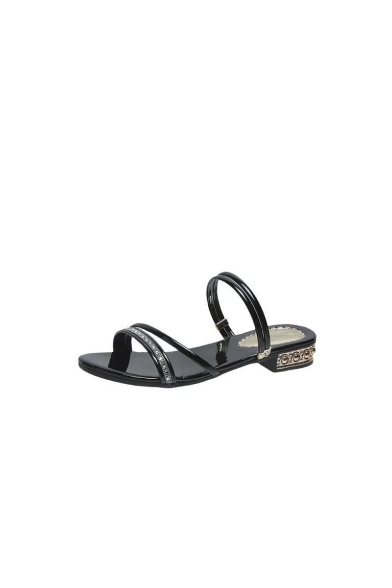 Black Strappy Rhinestones Low Block Heel Sandal - BOLODOO