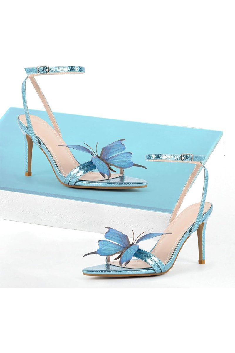 Blue Butterfly Ankle Buckle Open Toe Stiletto High Heels