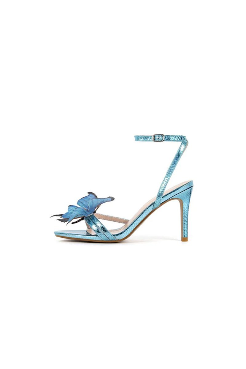 Blue Butterfly Ankle Buckle Open Toe Stiletto High Heels - BOLODOO