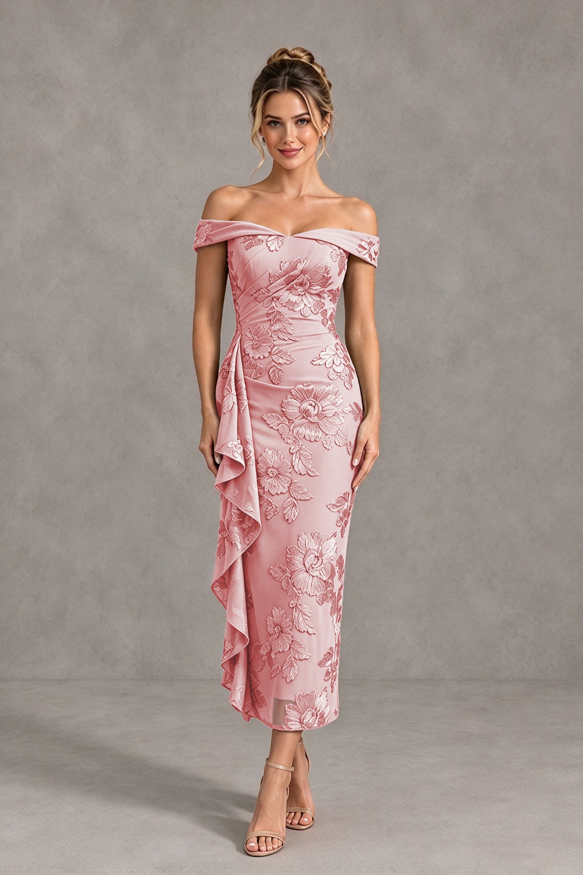 BOLODOO blush pink Off Shoulder Floral Jacquard Midi Dress - blush pink - blush pink(1)