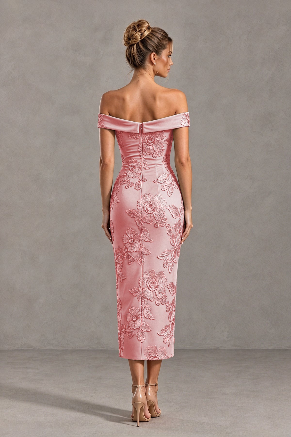 BOLODOO blush pink Off Shoulder Floral Jacquard Midi Dress - blush pink - blush pink(2)