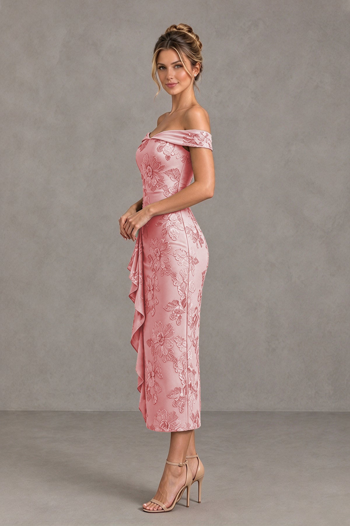 BOLODOO blush pink Off Shoulder Floral Jacquard Midi Dress - blush pink - blush pink(3)