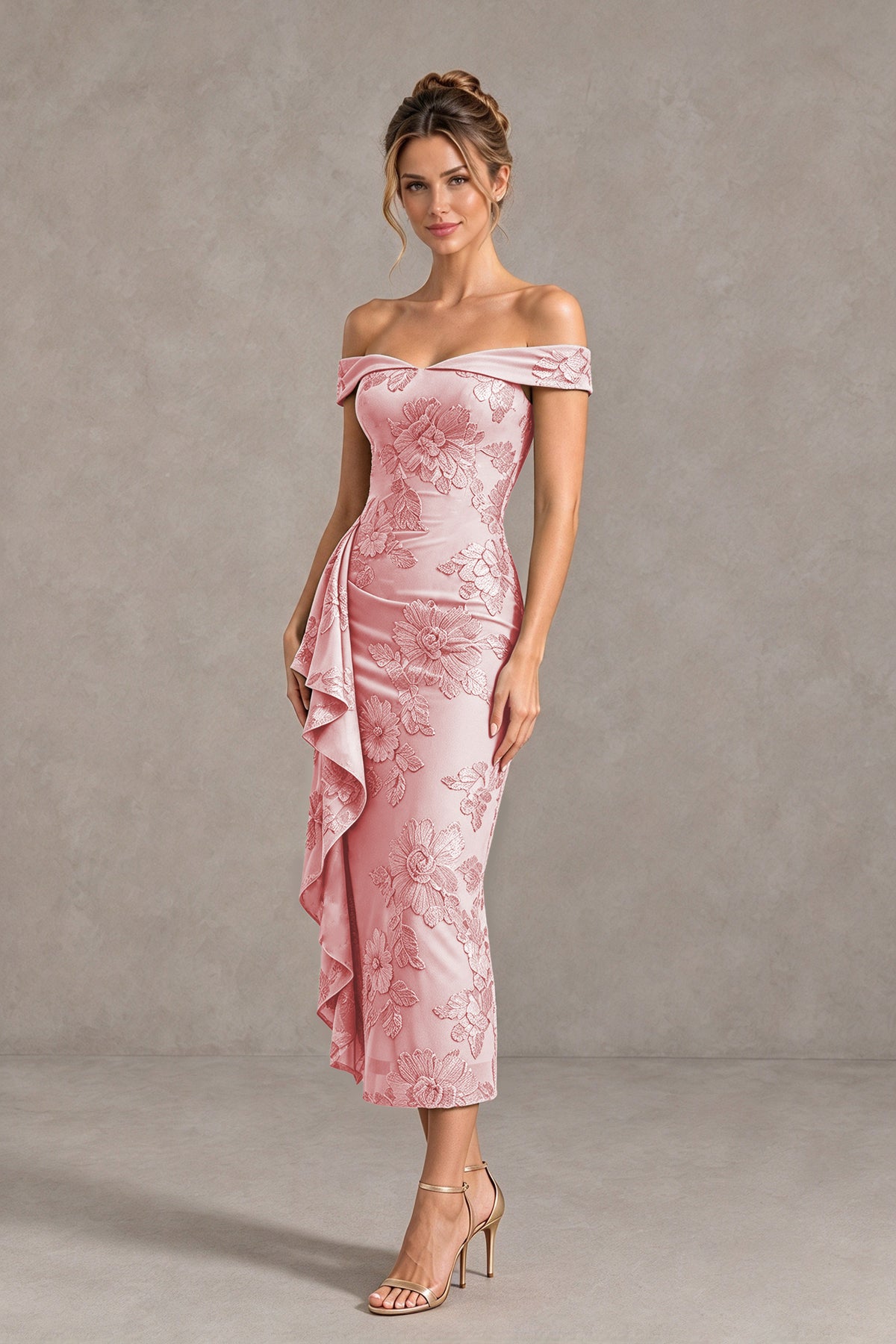 BOLODOO blush pink Off Shoulder Floral Jacquard Midi Dress - blush pink - blush pink(4)