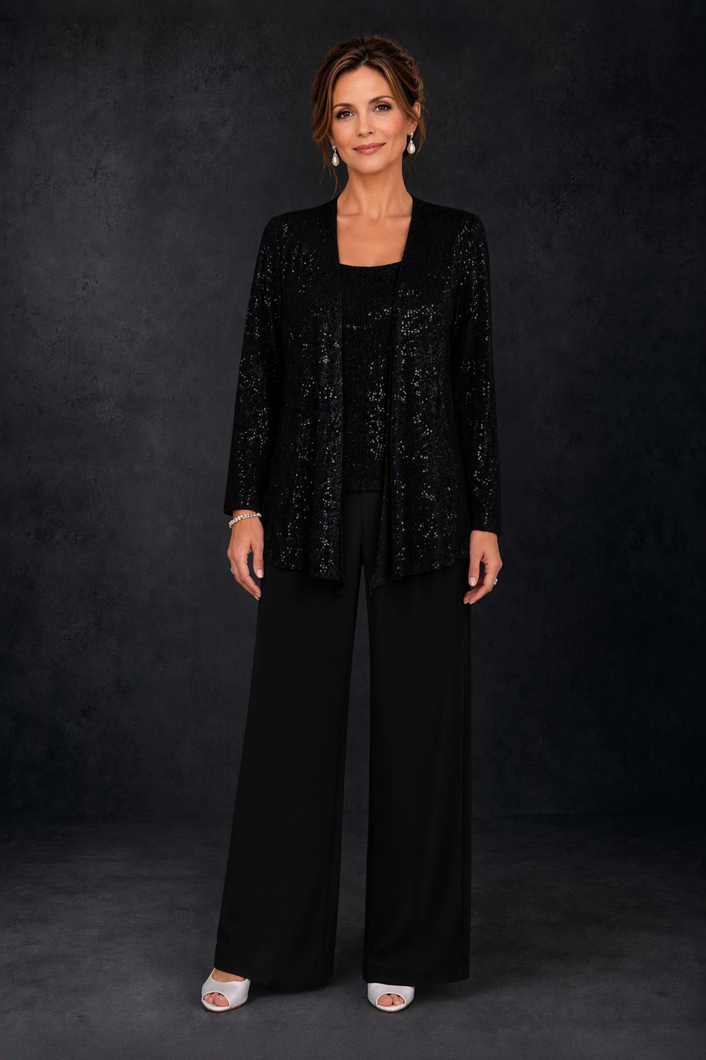 BOLODOO Black Sequin Lace 3-Piece Pant Suit with Long Sleeve Jacket - front view