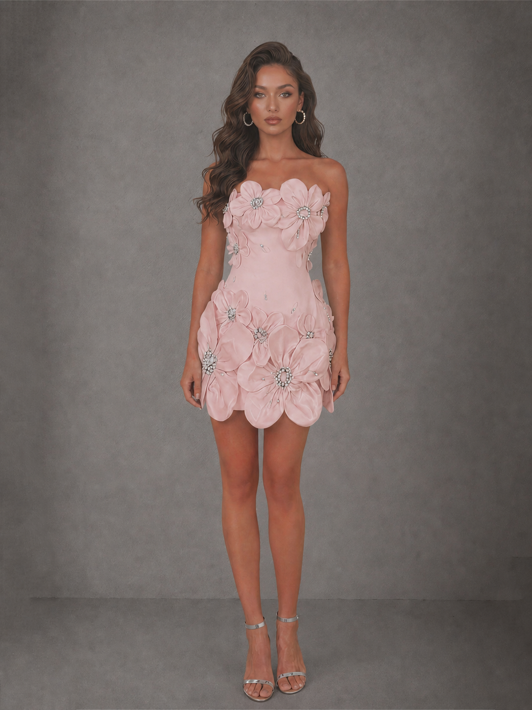 BOLODOO Blush Pink 3D Floral Strapless Mini Dress with Crystal Embellishments - view 3