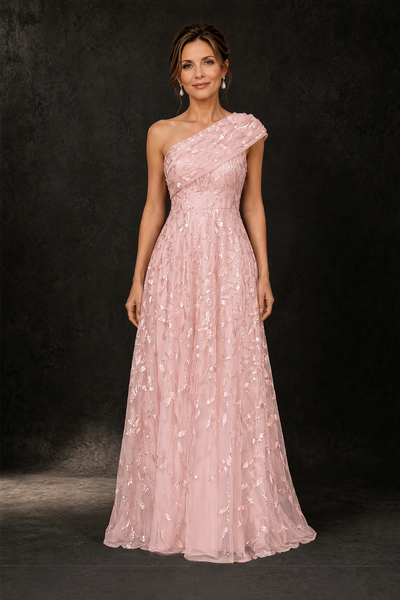 BOLODOO Blush Pink Gold Leaf Sequin One-Shoulder A-Line Maxi Gown – Mother of the Bride & Formal Evening Dress - front view