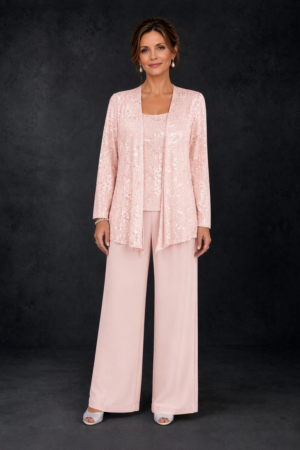 BOLODOO Blush Pink Sequin Lace 3-Piece Pant Suit with Long Sleeve Jacket - front view