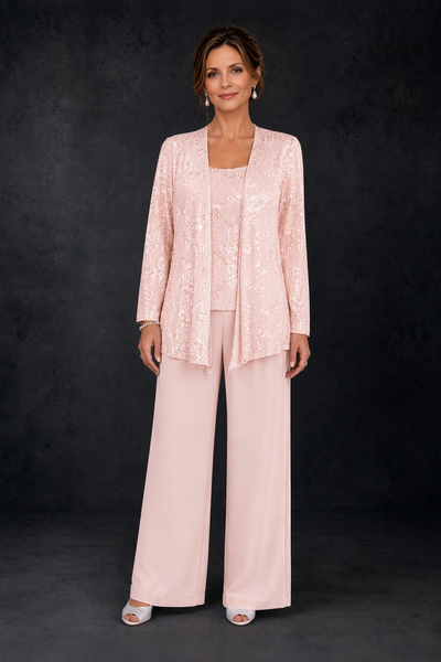 BOLODOO Blush Pink Sequin Lace 3-Piece Pant Suit with Long Sleeve Jacket - front view