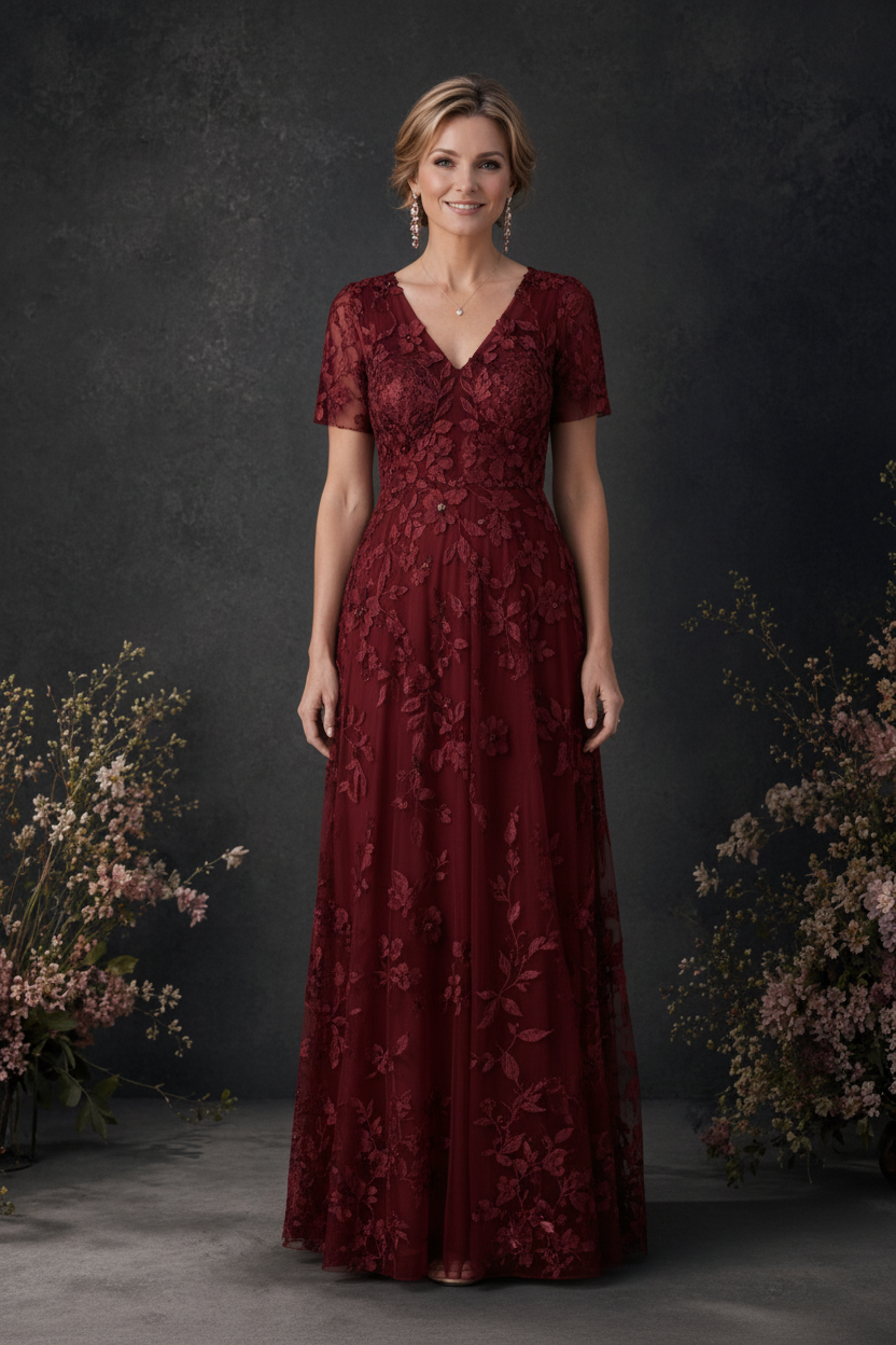 BOLODOO Burgundy 3D Floral Embroidered Lace V-Neck Short Sleeve A-Line Maxi Dress - front view