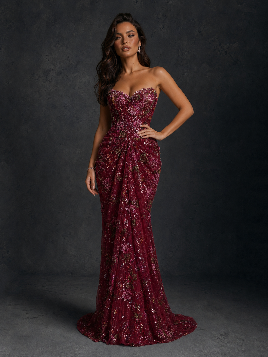 BOLODOO Burgundy 3D Floral Sequin Strapless Mermaid Evening Gown with Sweep Train - view 1