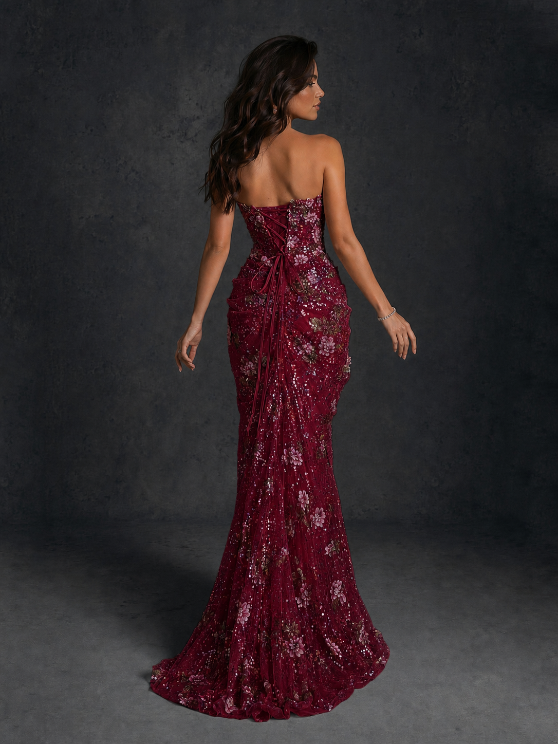 BOLODOO Burgundy 3D Floral Sequin Strapless Mermaid Evening Gown with Sweep Train - view 2