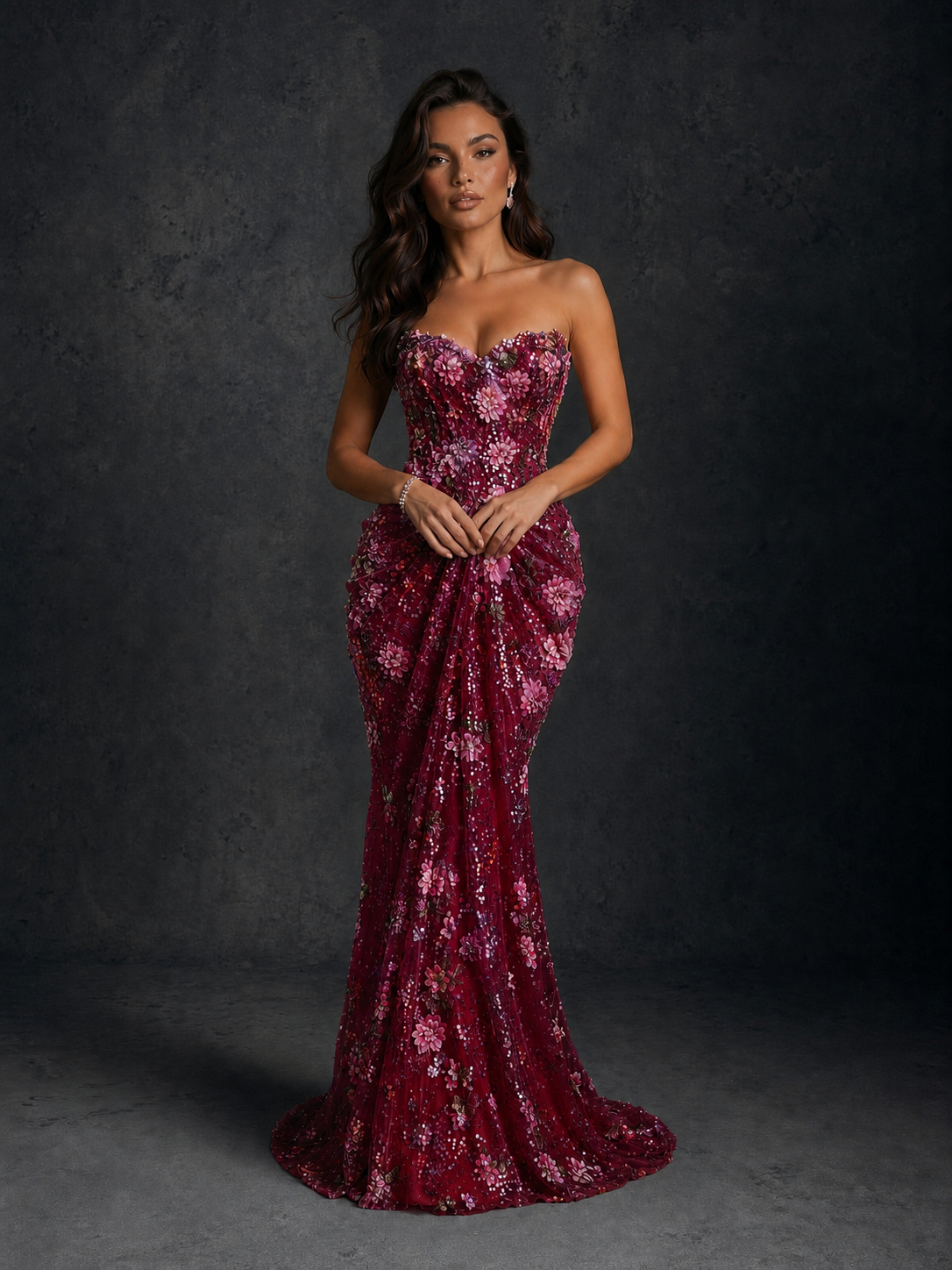 BOLODOO Burgundy 3D Floral Sequin Strapless Mermaid Evening Gown with Sweep Train - view 3