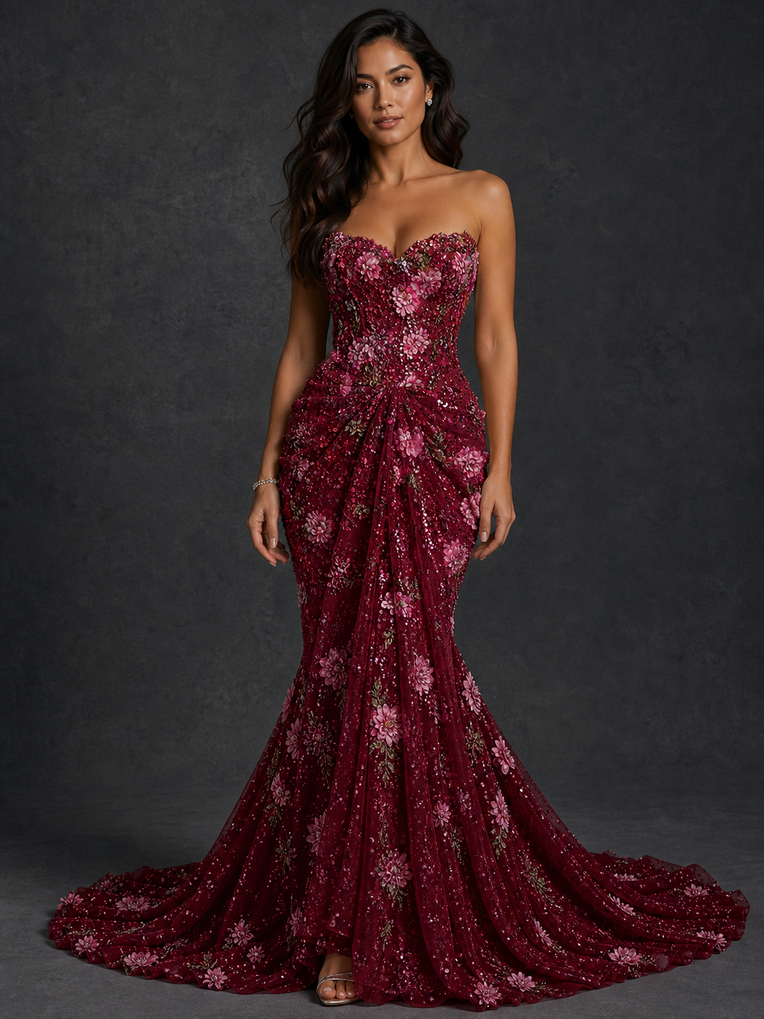 BOLODOO Burgundy 3D Floral Sequin Strapless Mermaid Evening Gown with Sweep Train - view 4