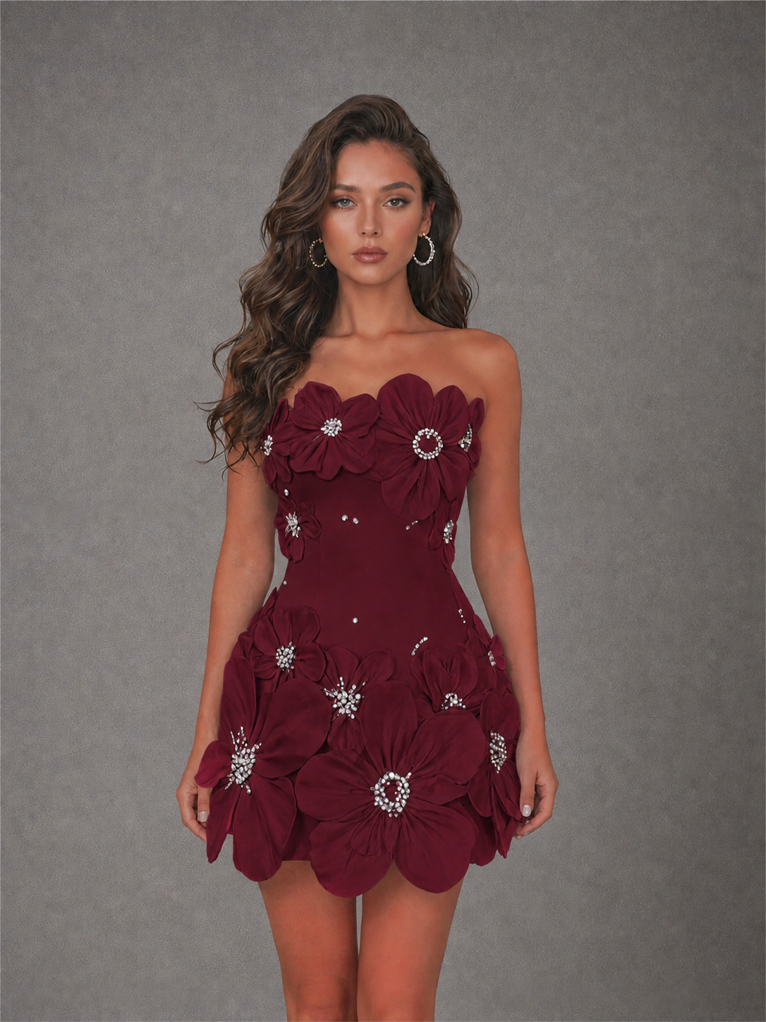 BOLODOO Burgundy 3D Floral Strapless Mini Dress with Crystal Embellishments - view 1