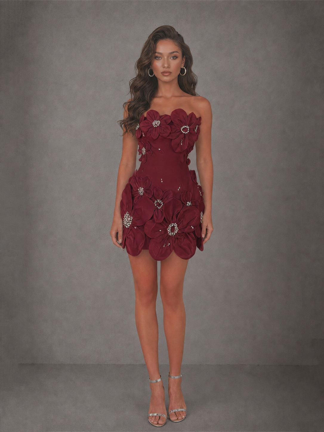 BOLODOO Burgundy 3D Floral Strapless Mini Dress with Crystal Embellishments - view 3