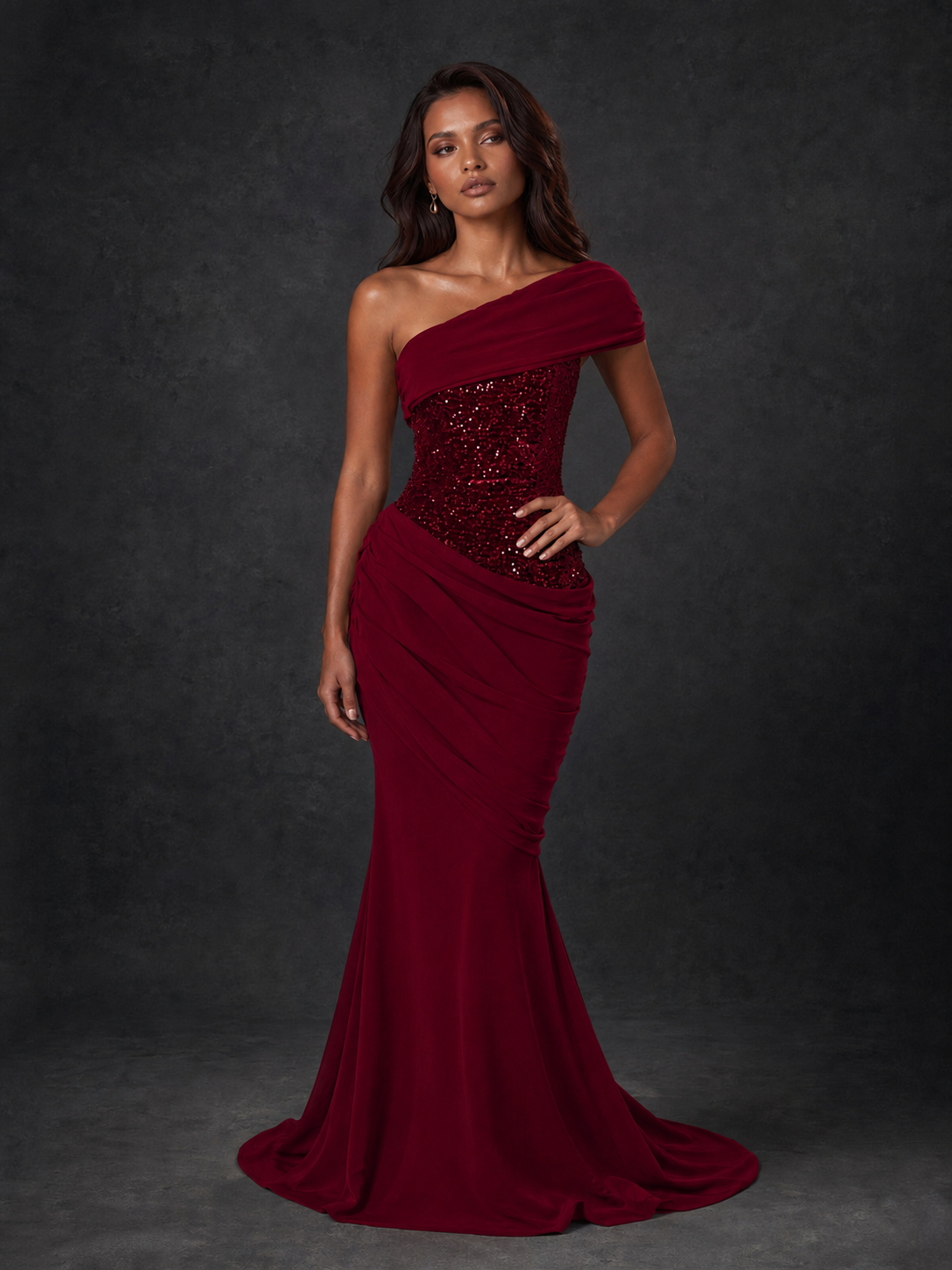 BOLODOO Burgundy One-Shoulder Sequin Embroidered Ruched Mermaid Gown with Train - view 1