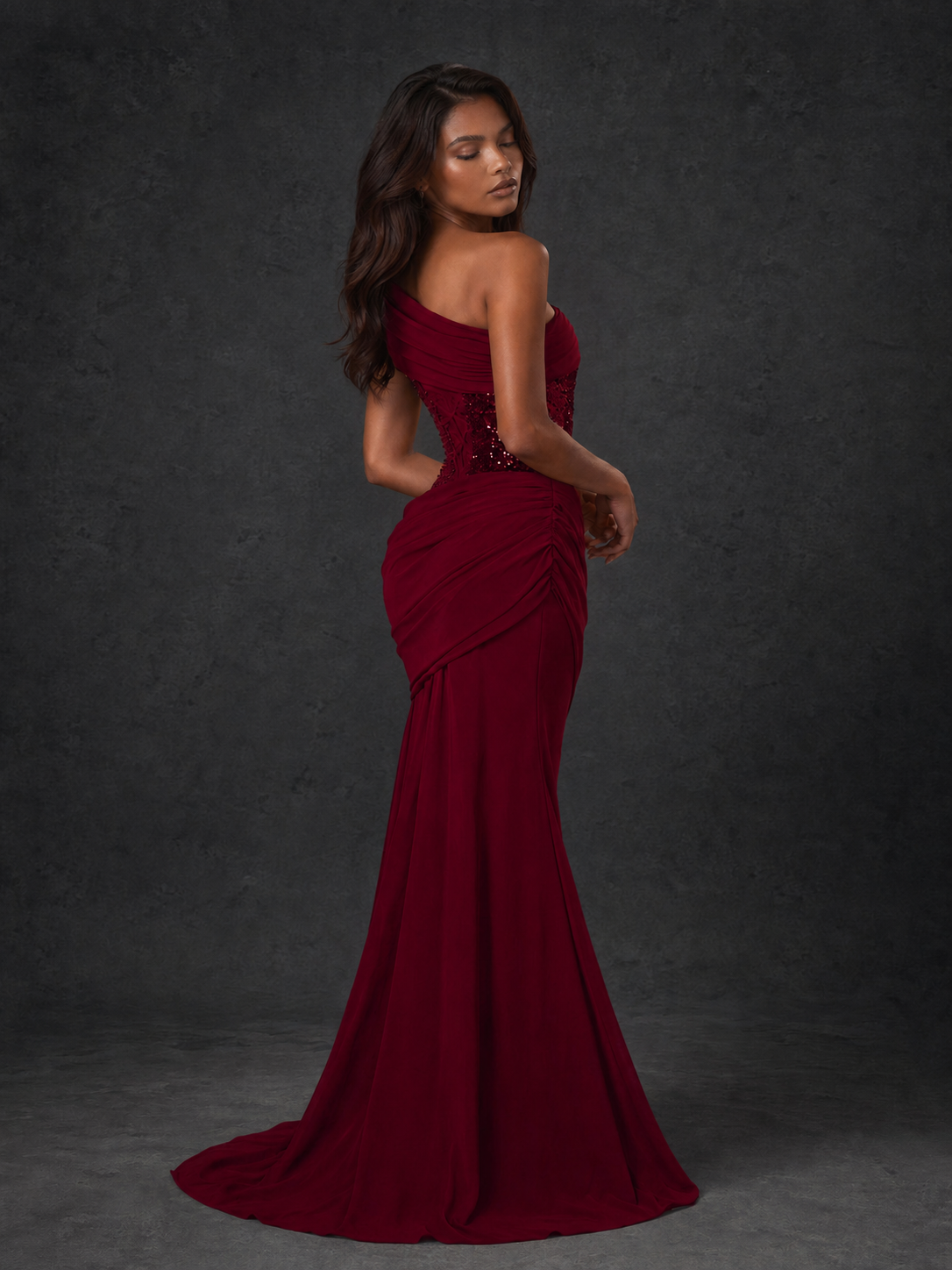 BOLODOO Burgundy One-Shoulder Sequin Embroidered Ruched Mermaid Gown with Train - view 2