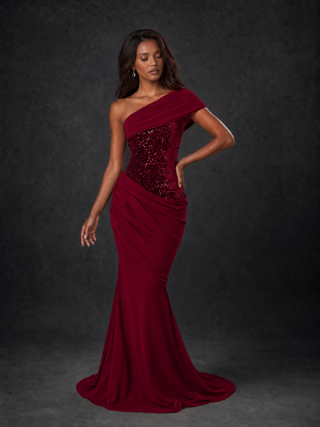 BOLODOO Burgundy One-Shoulder Sequin Embroidered Ruched Mermaid Gown with Train - view 3