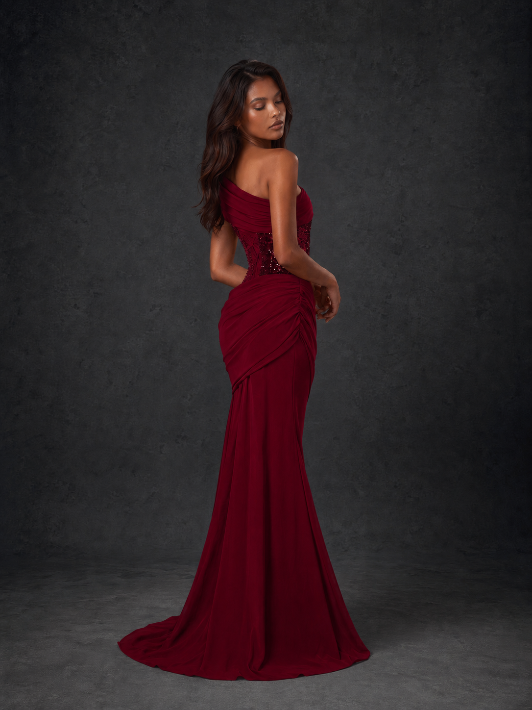 BOLODOO Burgundy One-Shoulder Sequin Embroidered Ruched Mermaid Gown with Train - view 4