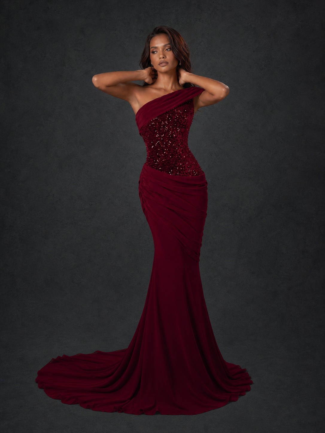 BOLODOO Burgundy One-Shoulder Sequin Embroidered Ruched Mermaid Gown with Train - view 5