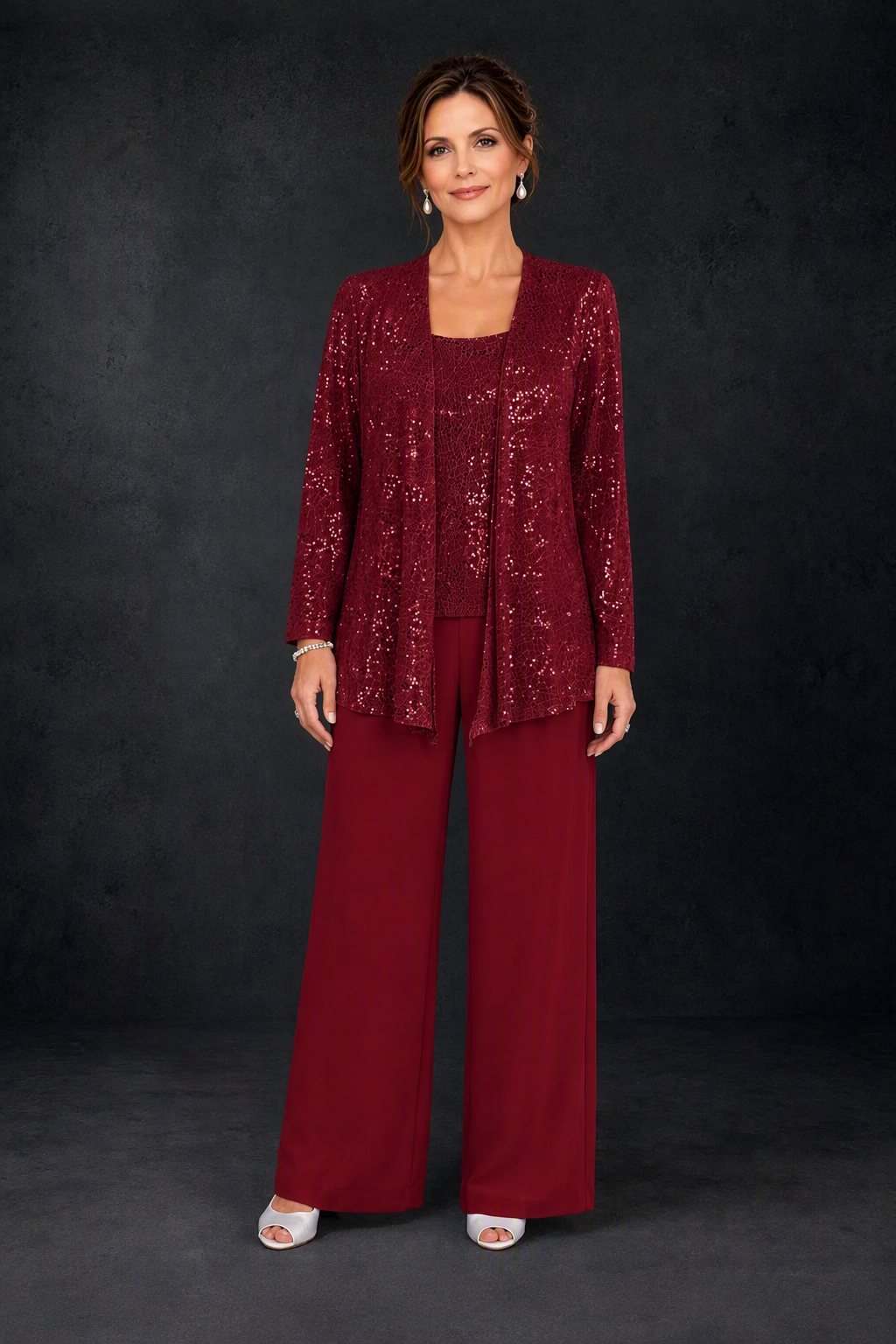 BOLODOO Burgundy Sequin Lace 3-Piece Pant Suit with Long Sleeve Jacket - front view