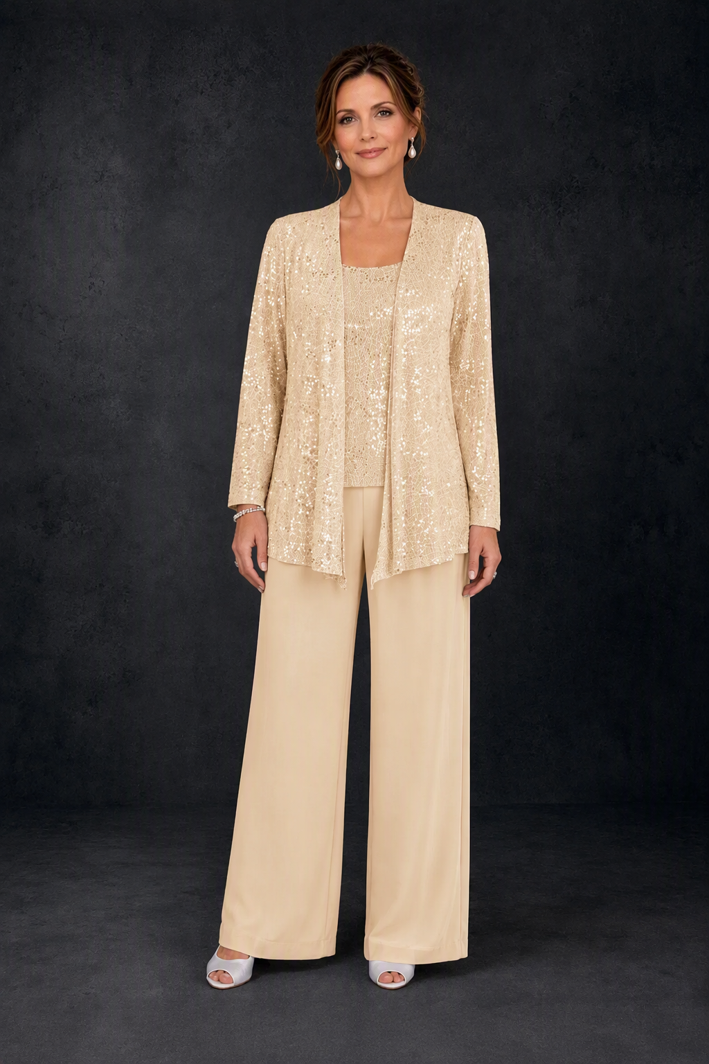 BOLODOO Champagne Sequin Lace 3-Piece Pant Suit with Long Sleeve Jacket - front view