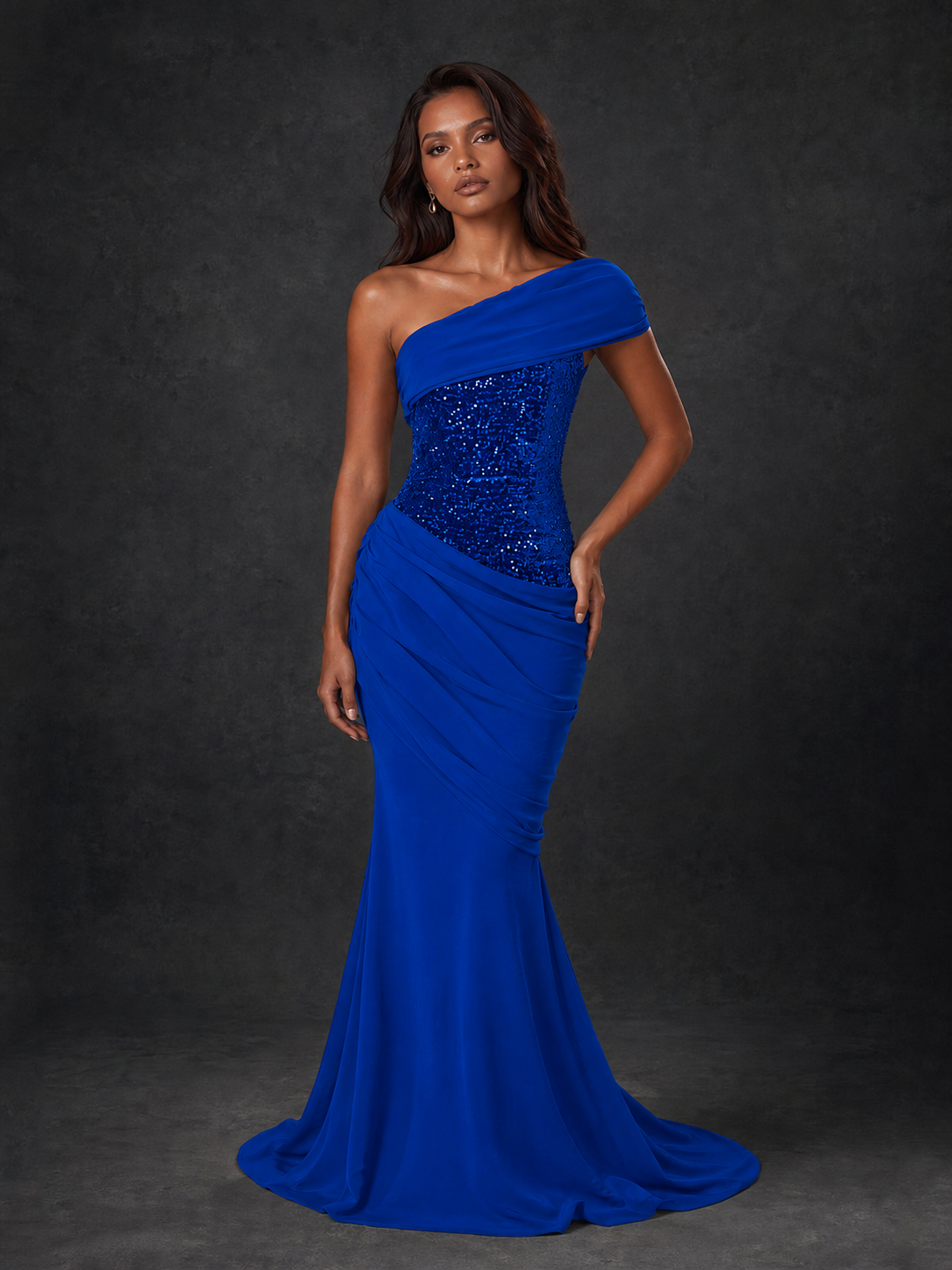 BOLODOO Cobalt Blue One-Shoulder Sequin Embroidered Ruched Mermaid Gown with Train - view 1