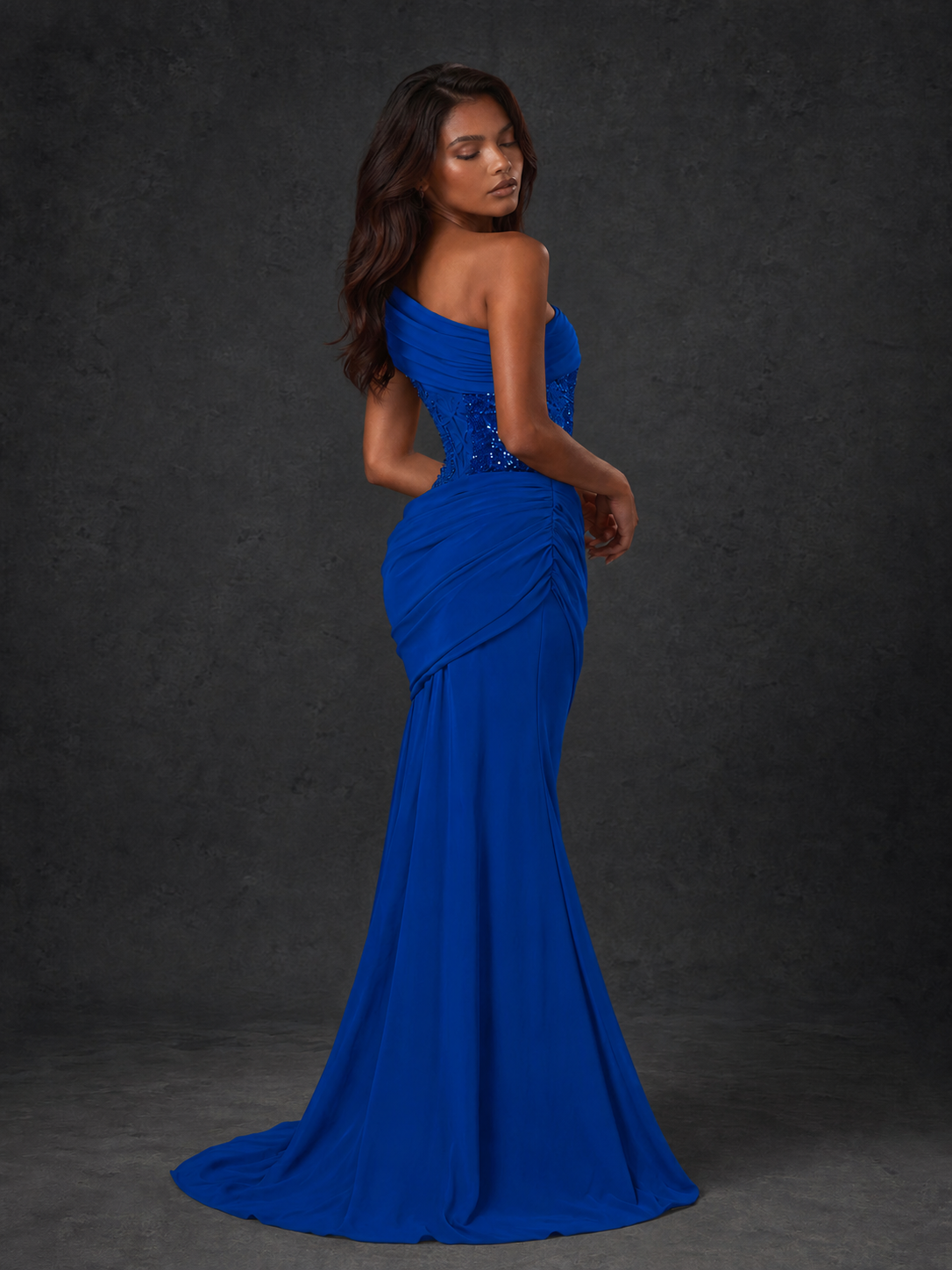BOLODOO Cobalt Blue One-Shoulder Sequin Embroidered Ruched Mermaid Gown with Train - view 2
