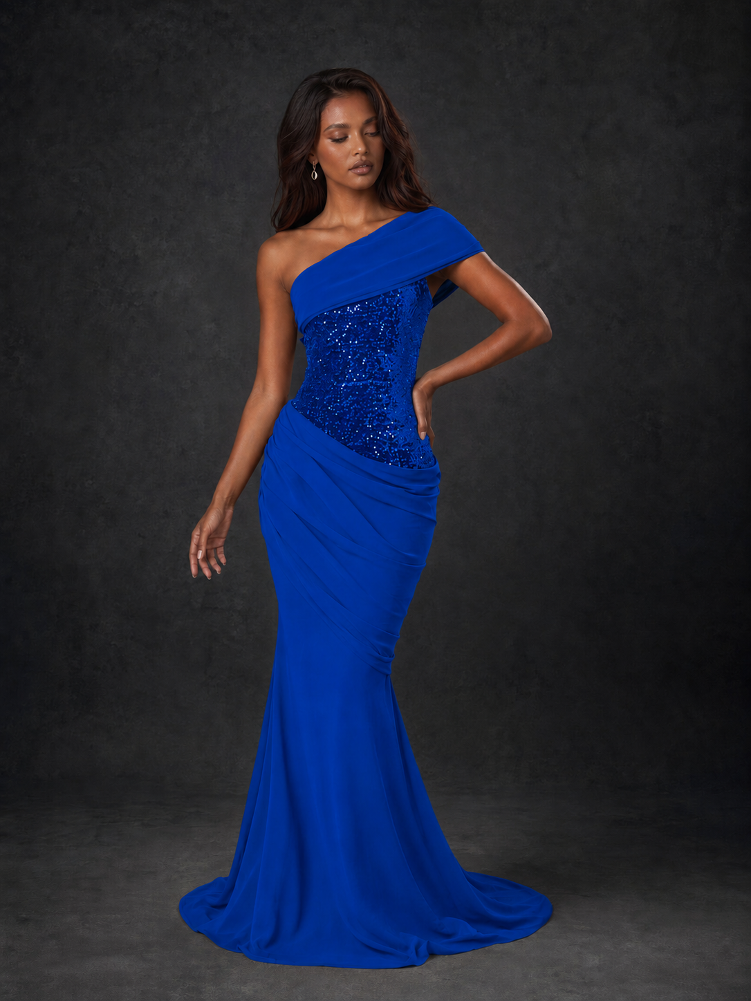 BOLODOO Cobalt Blue One-Shoulder Sequin Embroidered Ruched Mermaid Gown with Train - view 3