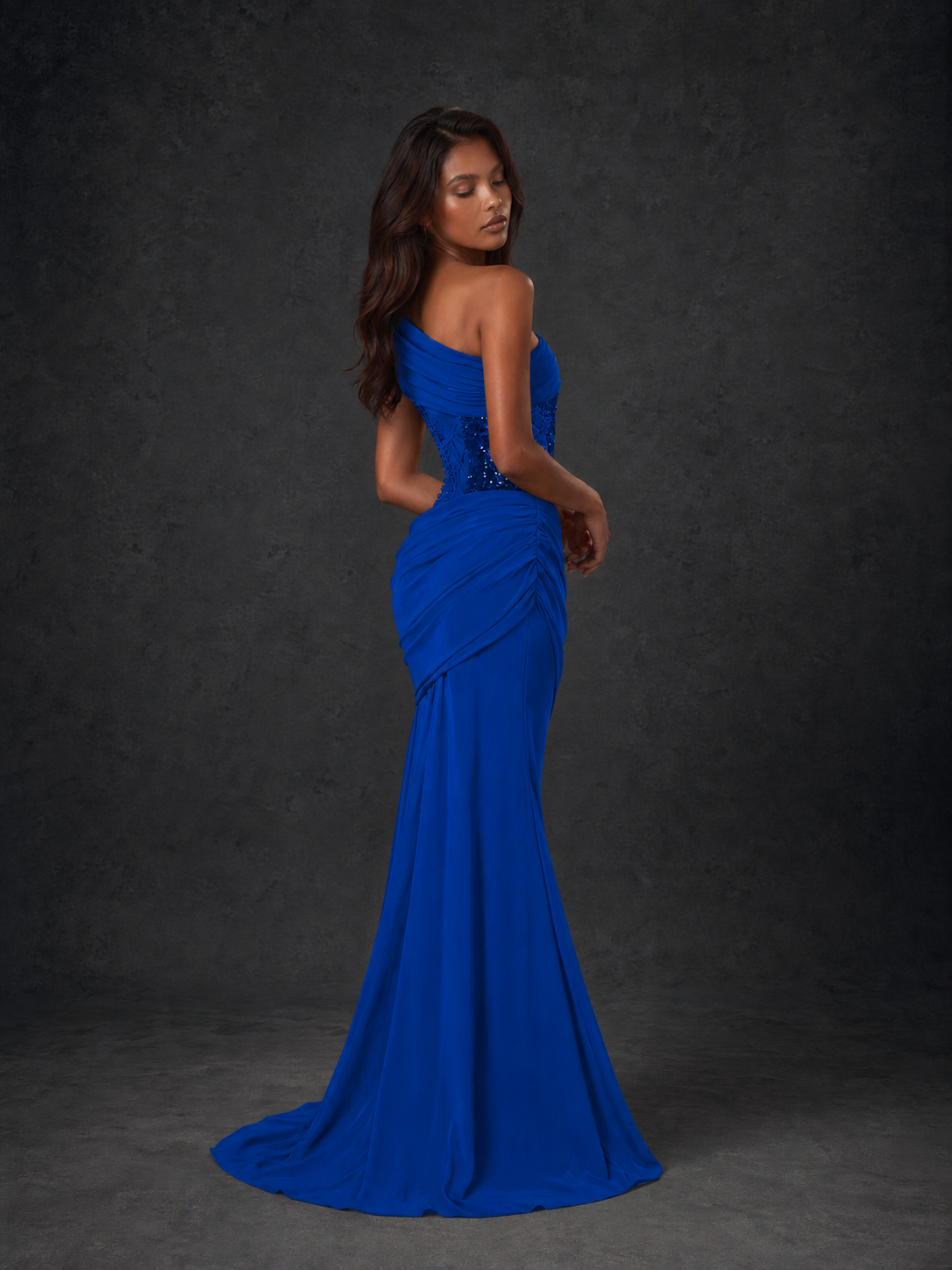 BOLODOO Cobalt Blue One-Shoulder Sequin Embroidered Ruched Mermaid Gown with Train - view 4