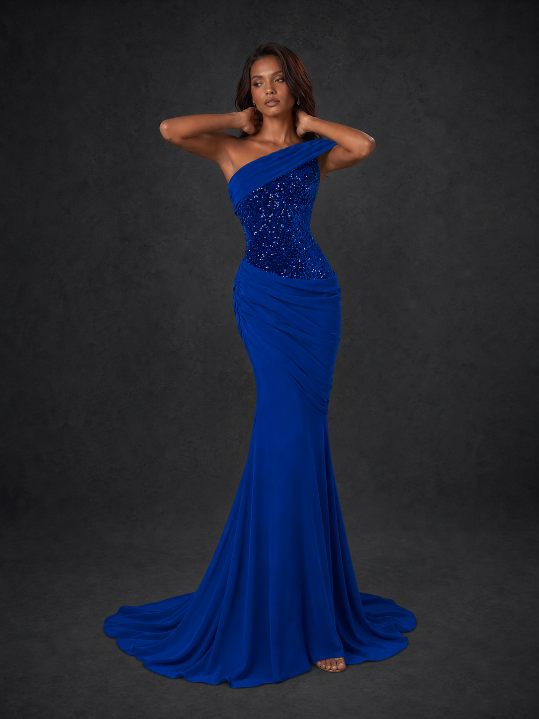 BOLODOO Cobalt Blue One-Shoulder Sequin Embroidered Ruched Mermaid Gown with Train - view 5