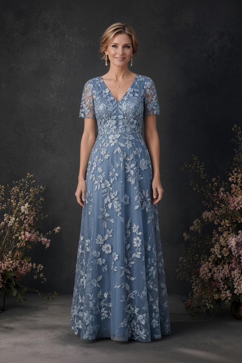 BOLODOO Dusty Blue 3D Floral Embroidered Lace V-Neck Short Sleeve A-Line Maxi Dress - front view