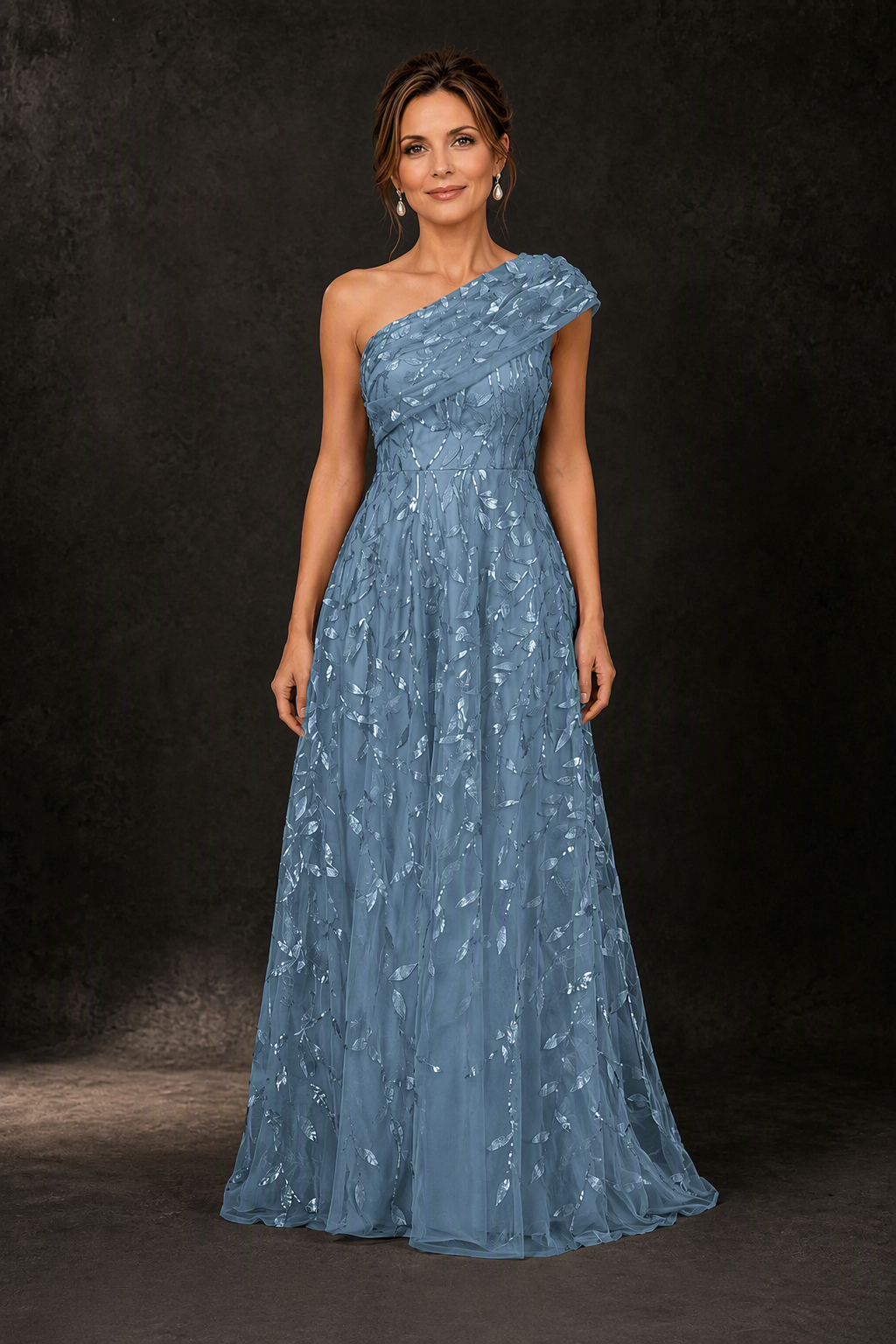 BOLODOO Dusty Blue Gold Leaf Sequin One-Shoulder A-Line Maxi Gown – Mother of the Bride & Formal Evening Dress - front view
