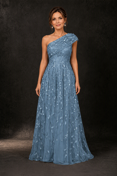 BOLODOO Dusty Blue Gold Leaf Sequin One-Shoulder A-Line Maxi Gown – Mother of the Bride & Formal Evening Dress - front view