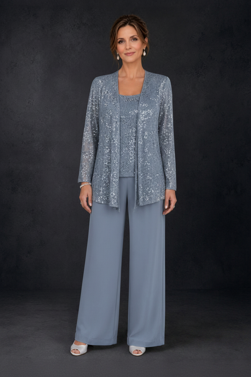 BOLODOO Dusty Blue Sequin Lace 3-Piece Pant Suit with Long Sleeve Jacket - front view