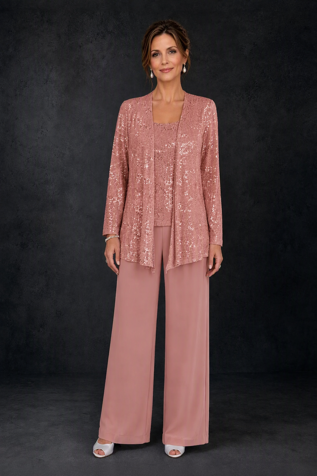 BOLODOO Dusty Rose Sequin Lace 3-Piece Pant Suit with Long Sleeve Jacket - front view