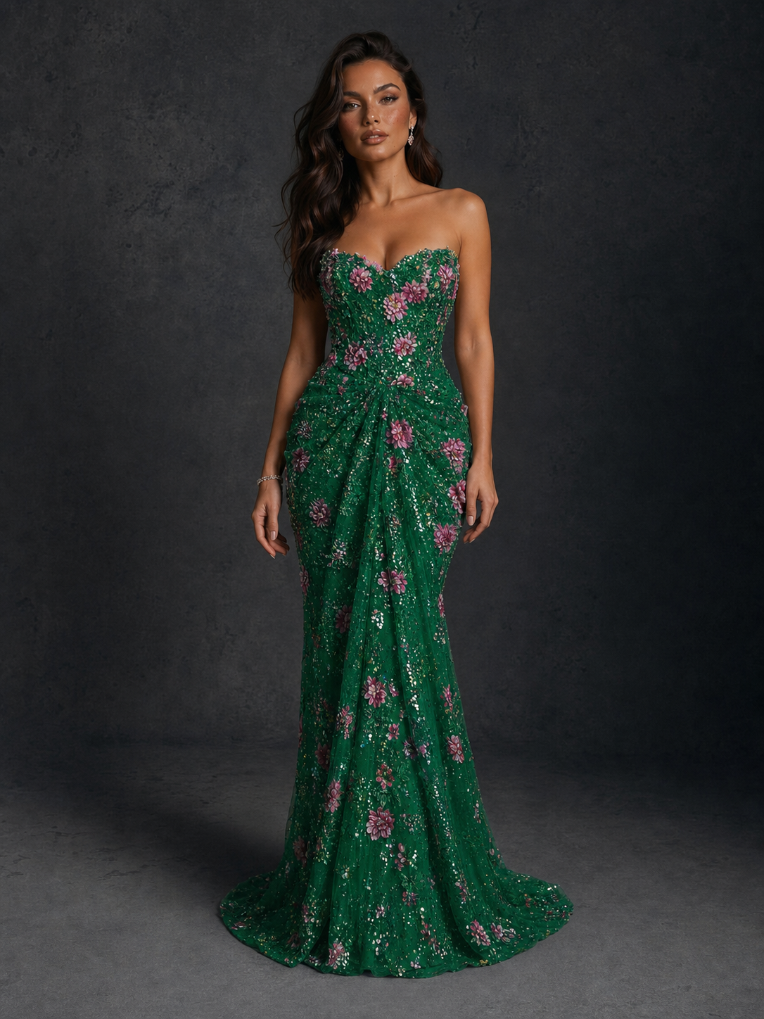BOLODOO Emerald Green 3D Floral Sequin Strapless Mermaid Evening Gown with Sweep Train - view 1