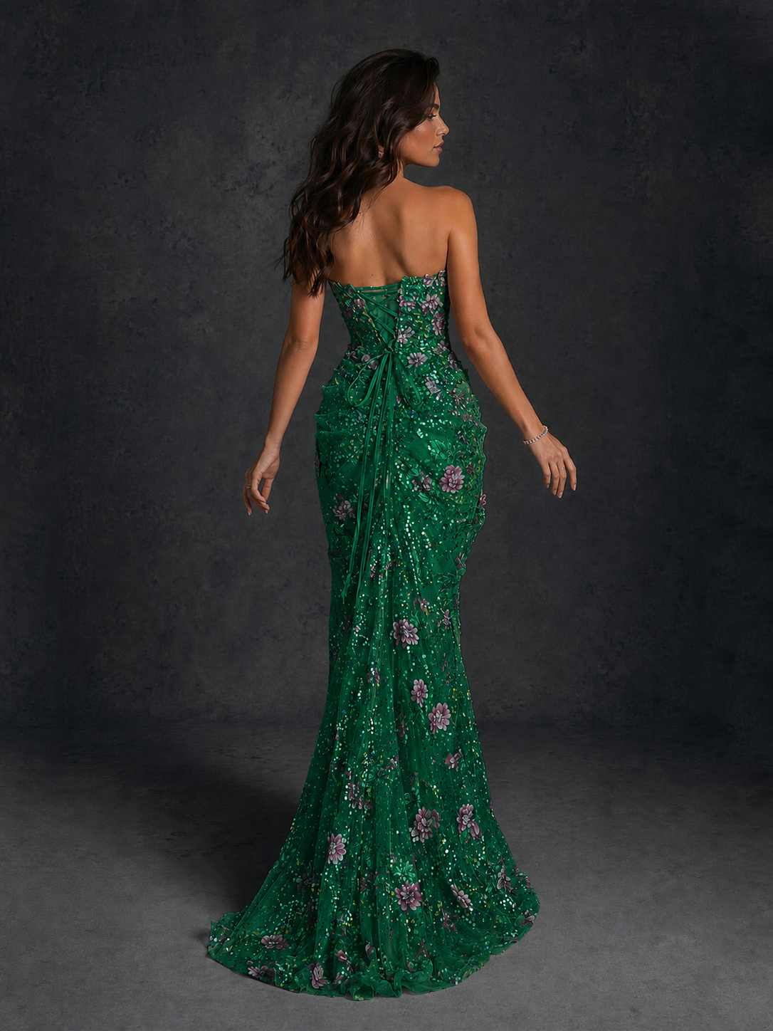BOLODOO Emerald Green 3D Floral Sequin Strapless Mermaid Evening Gown with Sweep Train - view 2