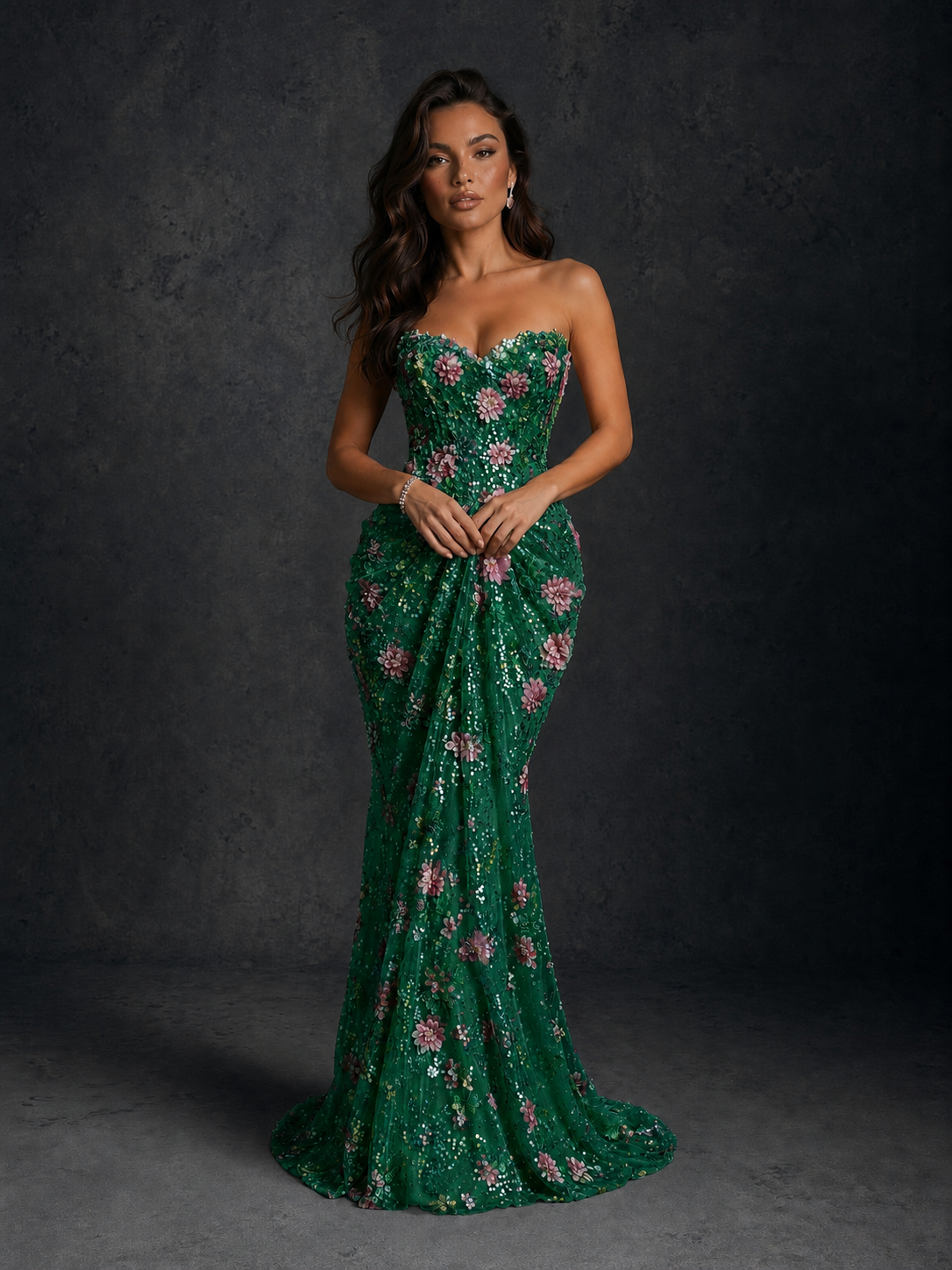 BOLODOO Emerald Green 3D Floral Sequin Strapless Mermaid Evening Gown with Sweep Train - view 3