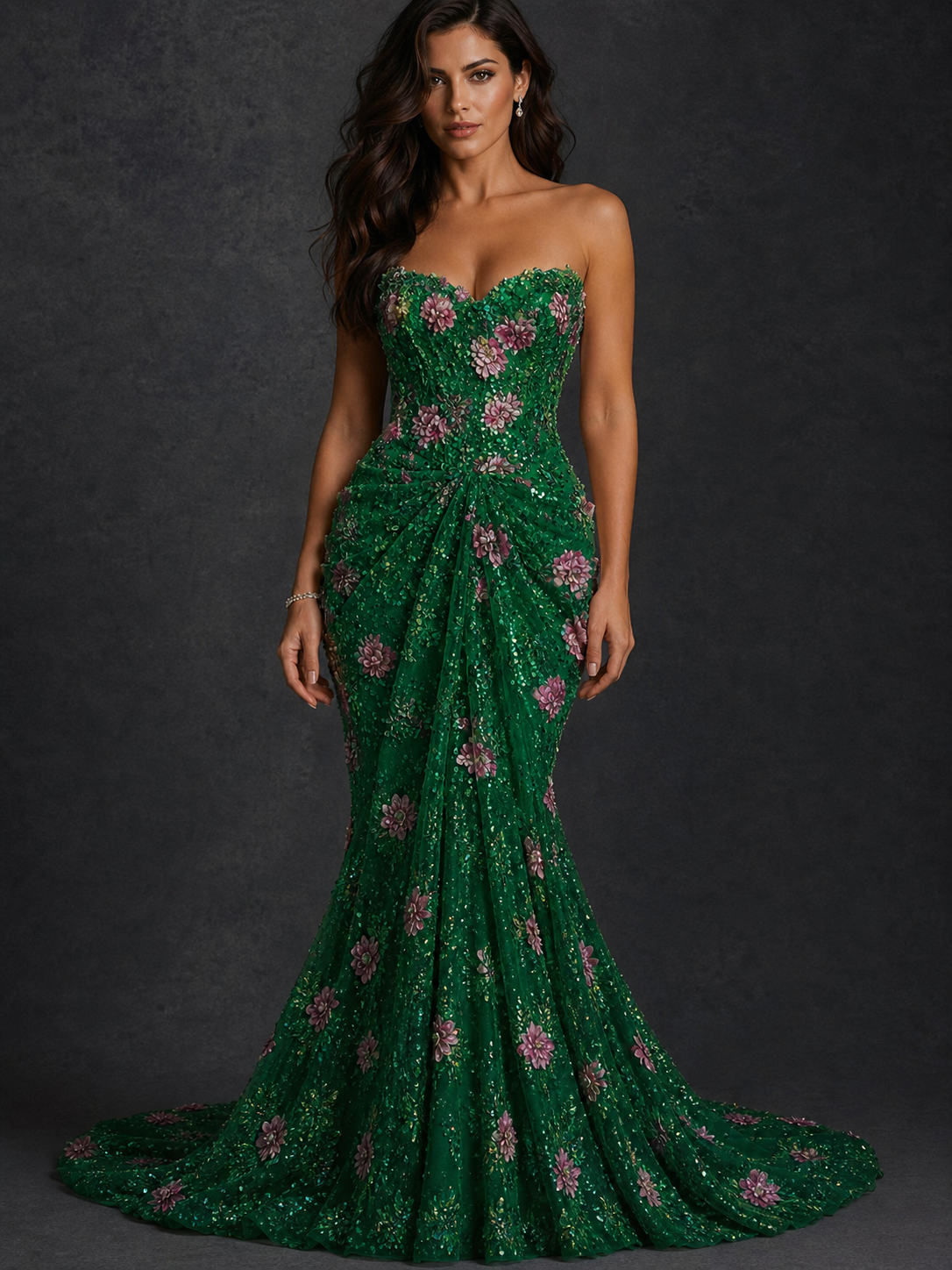BOLODOO Emerald Green 3D Floral Sequin Strapless Mermaid Evening Gown with Sweep Train - view 4
