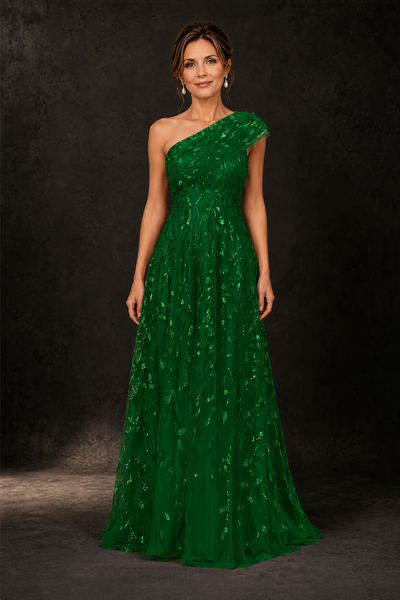 BOLODOO Emerald Green Gold Leaf Sequin One-Shoulder A-Line Maxi Gown – Mother of the Bride & Formal Evening Dress - front view