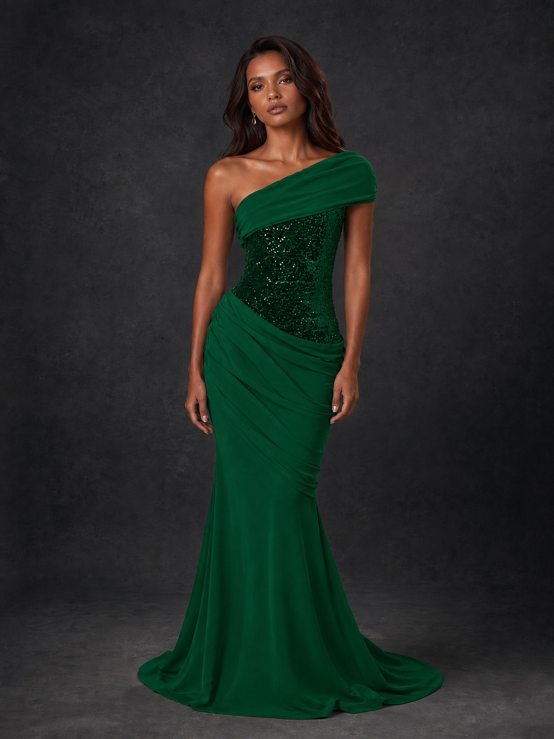 BOLODOO Emerald Green One-Shoulder Sequin Embroidered Ruched Mermaid Gown with Train - view 1