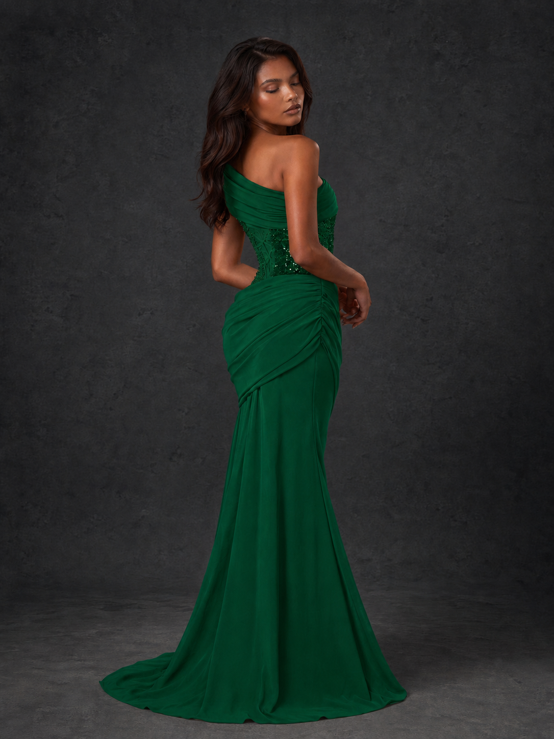 BOLODOO Emerald Green One-Shoulder Sequin Embroidered Ruched Mermaid Gown with Train - view 2