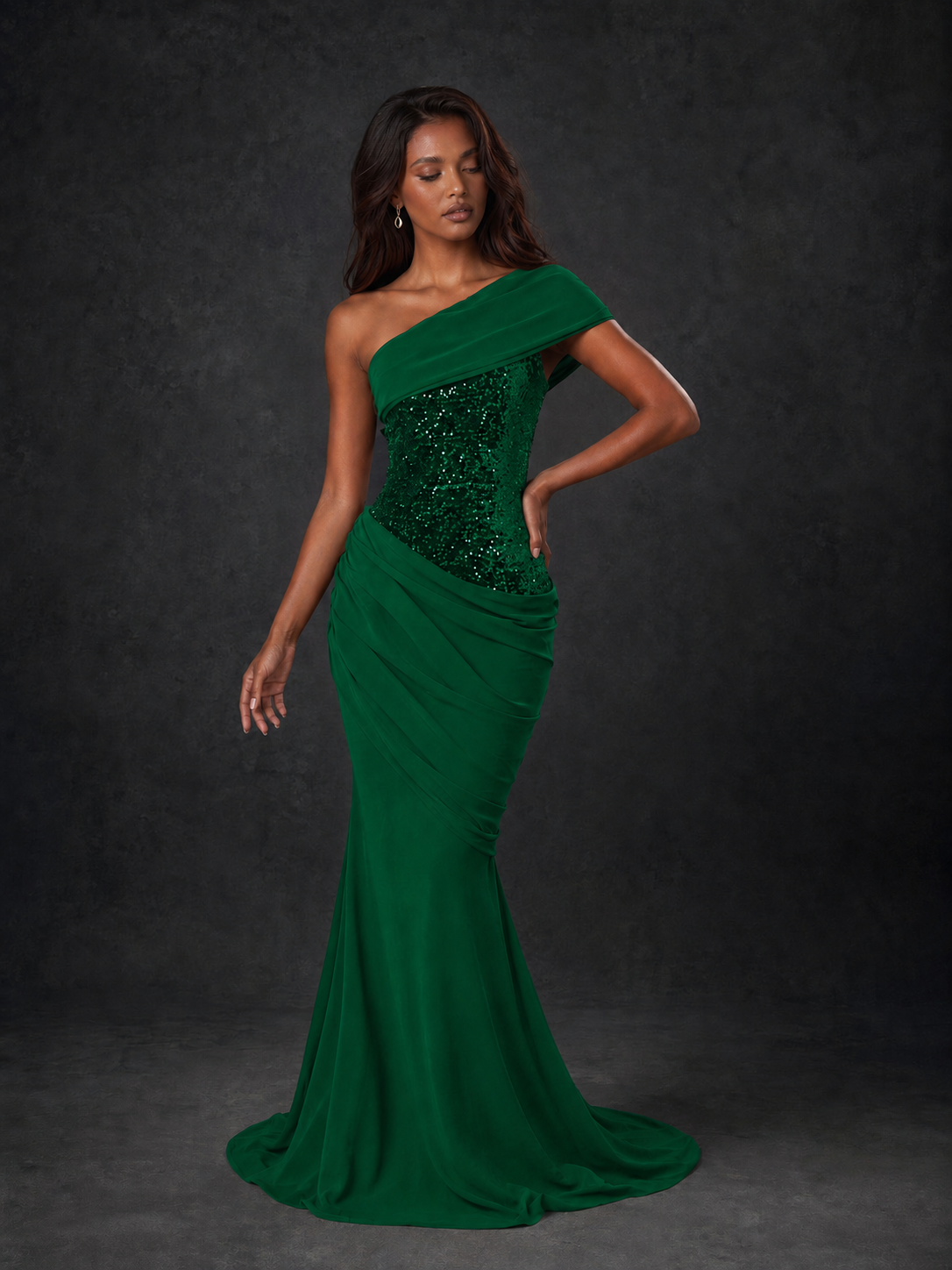 BOLODOO Emerald Green One-Shoulder Sequin Embroidered Ruched Mermaid Gown with Train - view 3