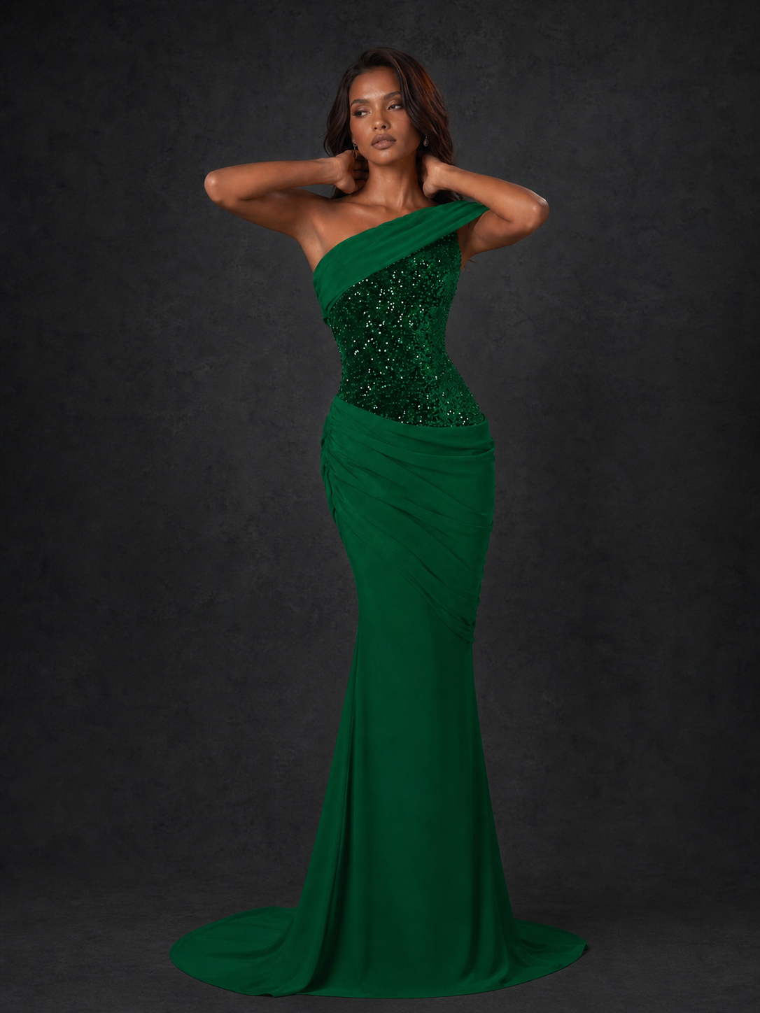 BOLODOO Emerald Green One-Shoulder Sequin Embroidered Ruched Mermaid Gown with Train - view 5